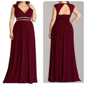 Ever Pretty Evening Gown Beaded Open Back Cut Out High Waist Size 18 Burgundy